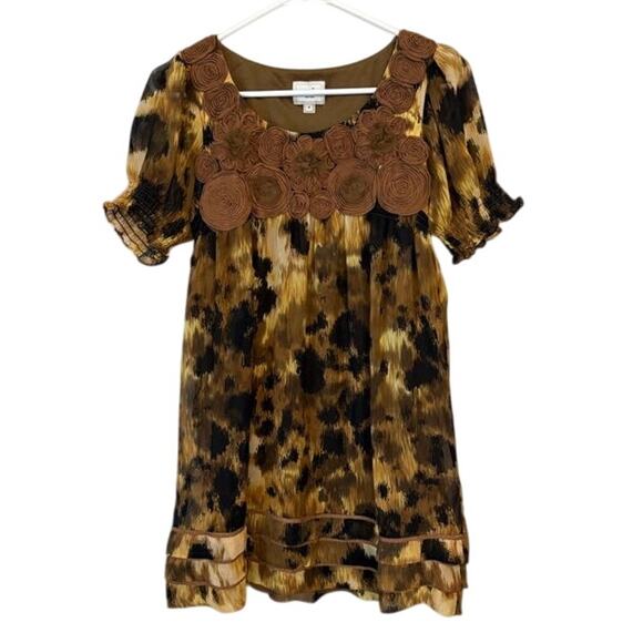 Eci Puff Sleeve Mini Dress Scoop Neck 3D Flower Embellished Brown Black Size 4 - Picture 1 of 5